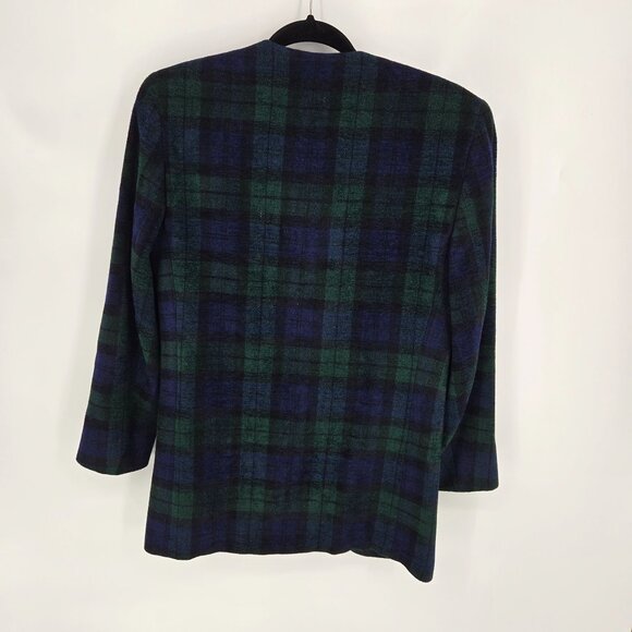Liz Claiborne size 4 green blue Tartan plaid 3 button long blazer wool blend - Picture 2 of 13